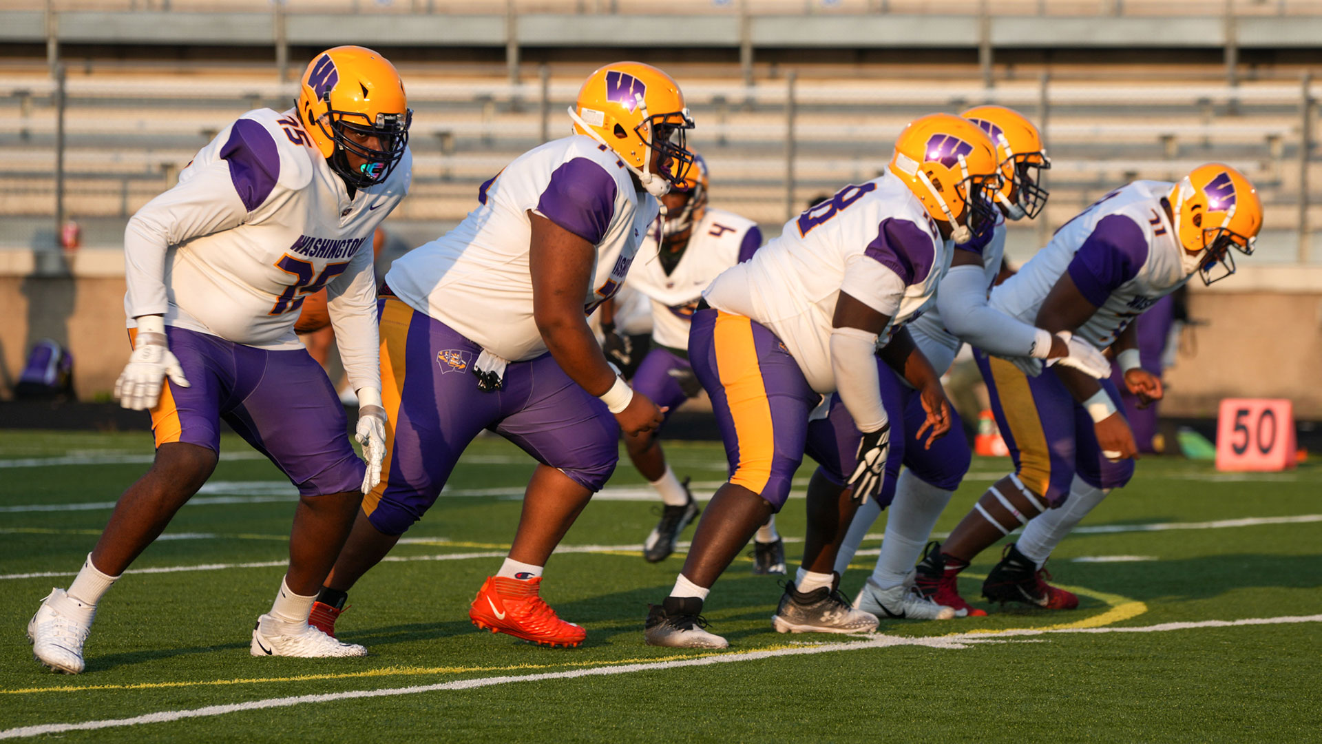Football players lining up for the snap.